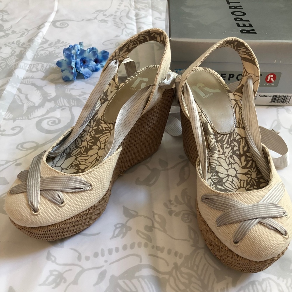 BNIB Report Basketweave Platform Ankle Tie Wedges